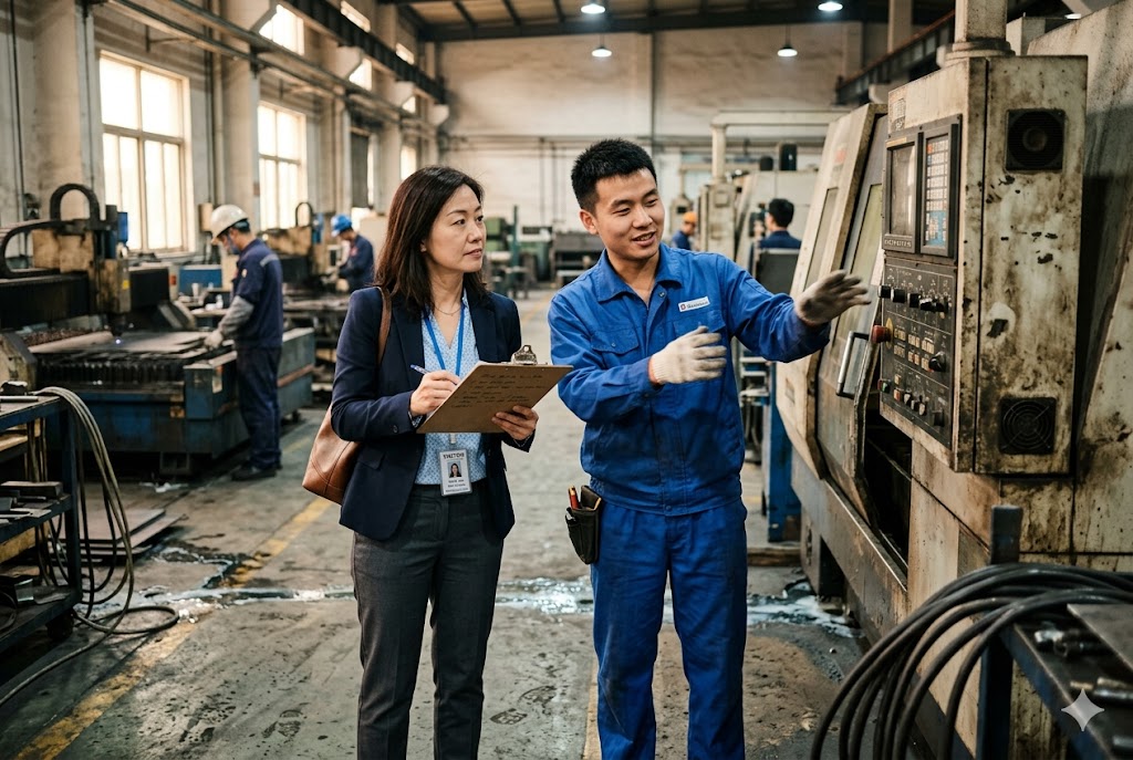 Supplier Factory Audit Luckym supplier auditor conducting factory audit with engineer at CNC machine (ID#5)