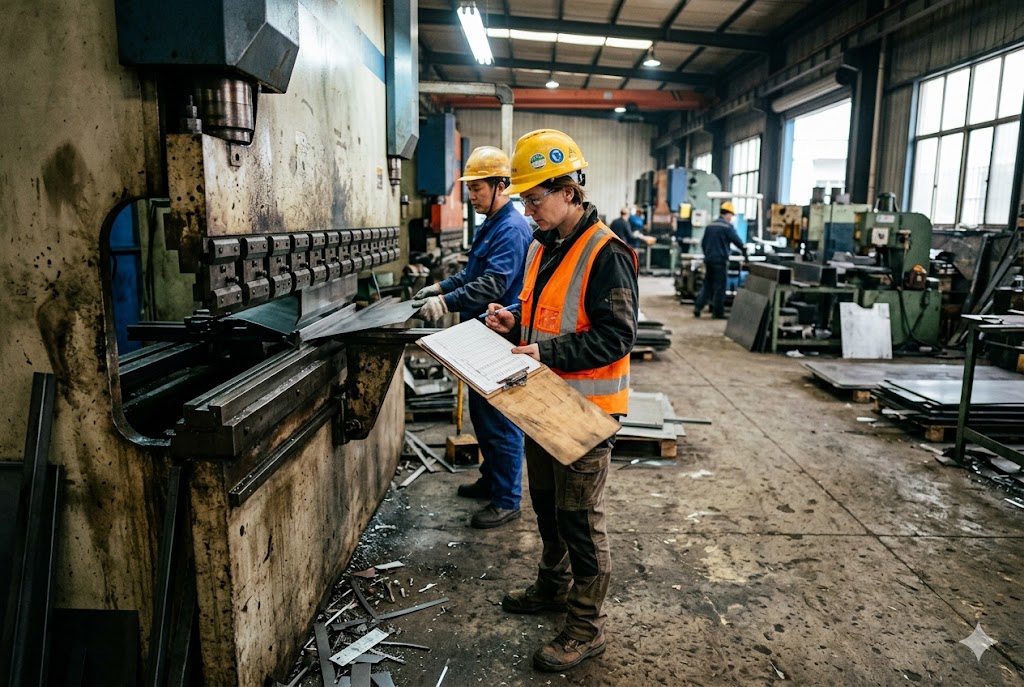 Factory Quality Inspection Quality inspector auditing press brake operation on factory floor during in-production QC (ID#5)