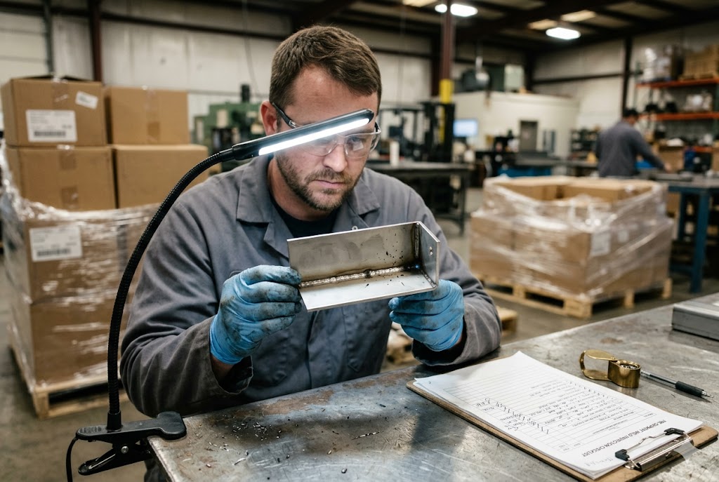 Pre-Shipment Quality Control Technician conducting pre-shipment quality inspection of custom machined parts (ID#5)