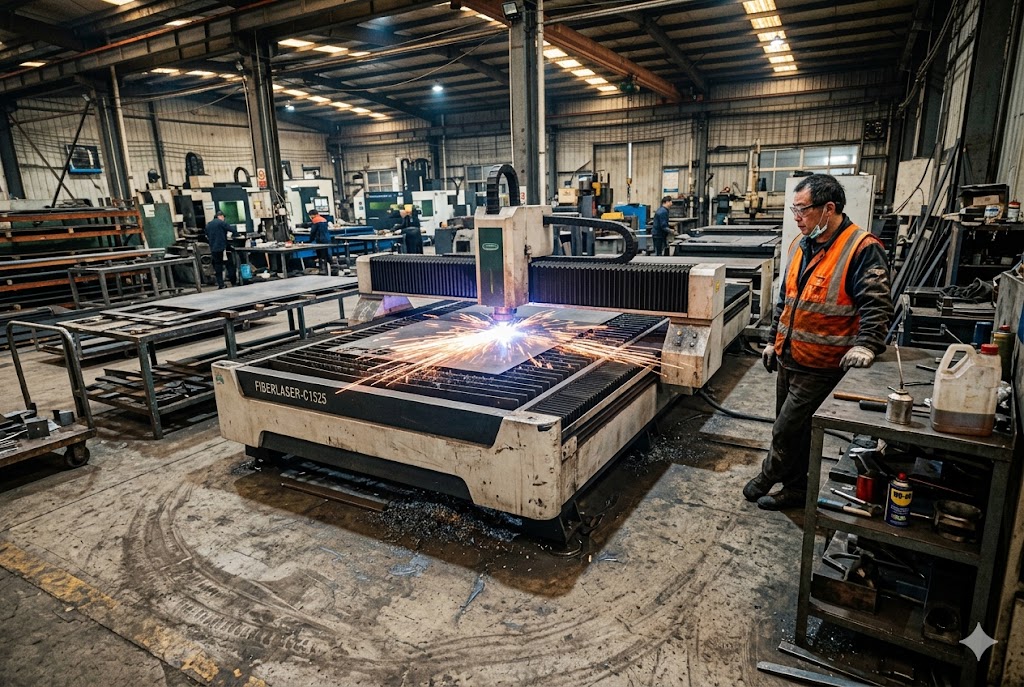 CNC Laser Cutting Factory Worker operating fiber laser CNC cutting machine in custom parts factory (ID#5)