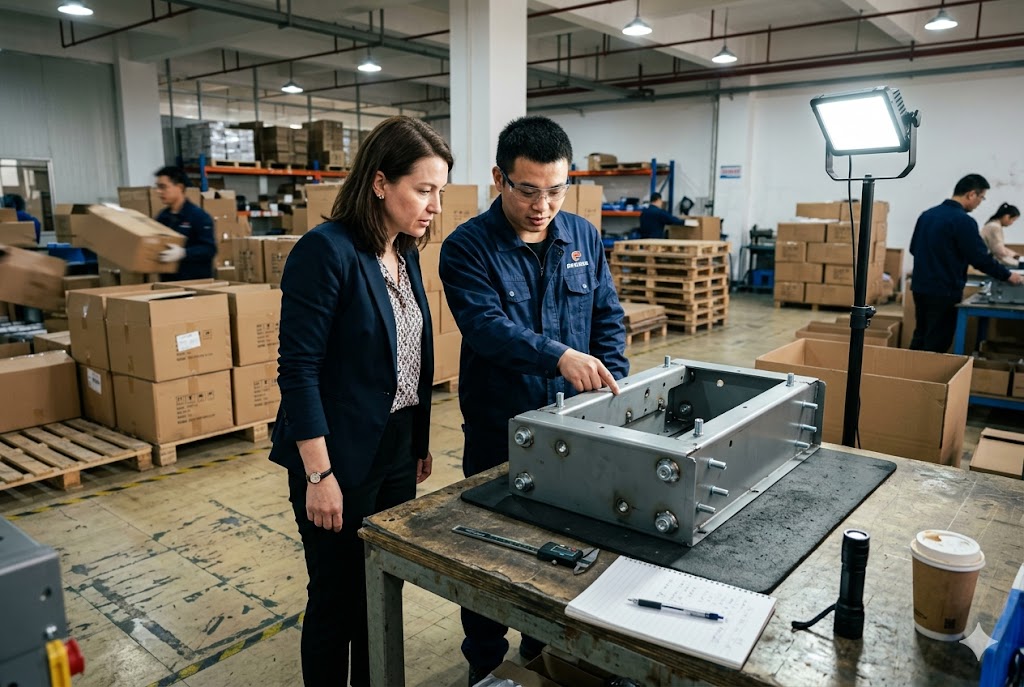 Factory Audit Inspection Buyer and engineer inspecting precision custom mechanical assembly during supplier factory audit (ID#5)
