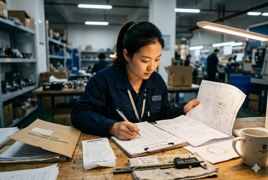 China Factory Quality Inspection Quality inspector cross-referencing technical drawings with inspection records in China factory (ID#5)