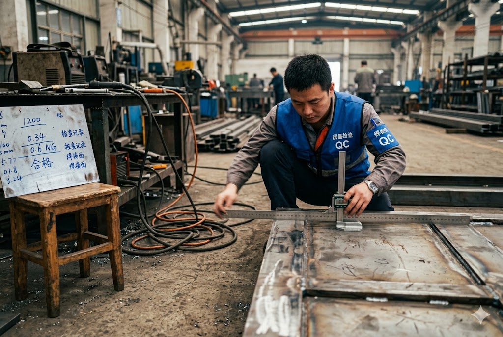 In-Production Quality Control QC inspector measuring steel weld dimensions with digital caliper in China factory (ID#5)