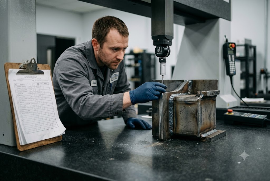CMM Quality Inspection Quality inspector using CMM probe to measure custom machined metal part (ID#5)