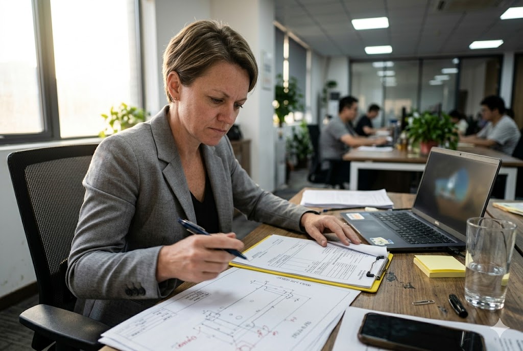 Parts Sourcing Project Management Female purchasing manager analyzing custom mechanical parts quotation documents in office (ID#5)