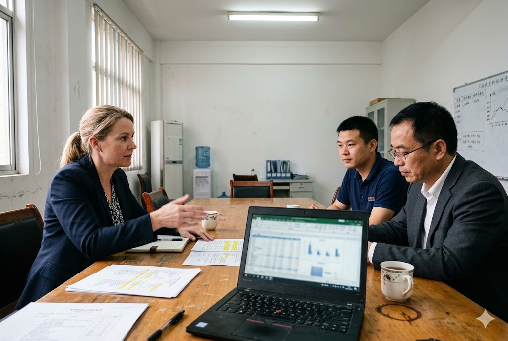 China Supplier Sourcing Meeting Western buyer negotiating custom parts order with Chinese supplier team (ID#5)