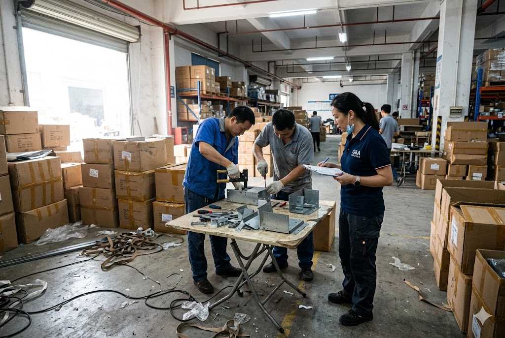 Pre-Shipment QC Inspection Pre-shipment inspection team checking custom mechanical parts in warehouse (ID#5)
