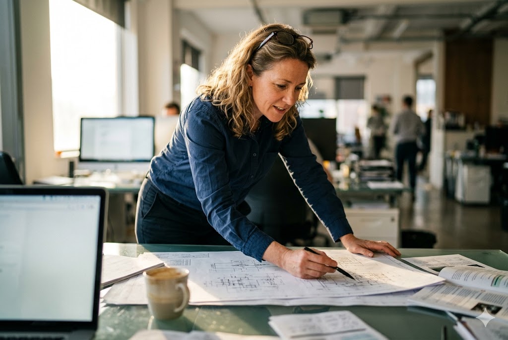 Purchasing Manager Reviews Drawings Purchasing manager reviewing technical drawings for custom mechanical parts order (ID#5)