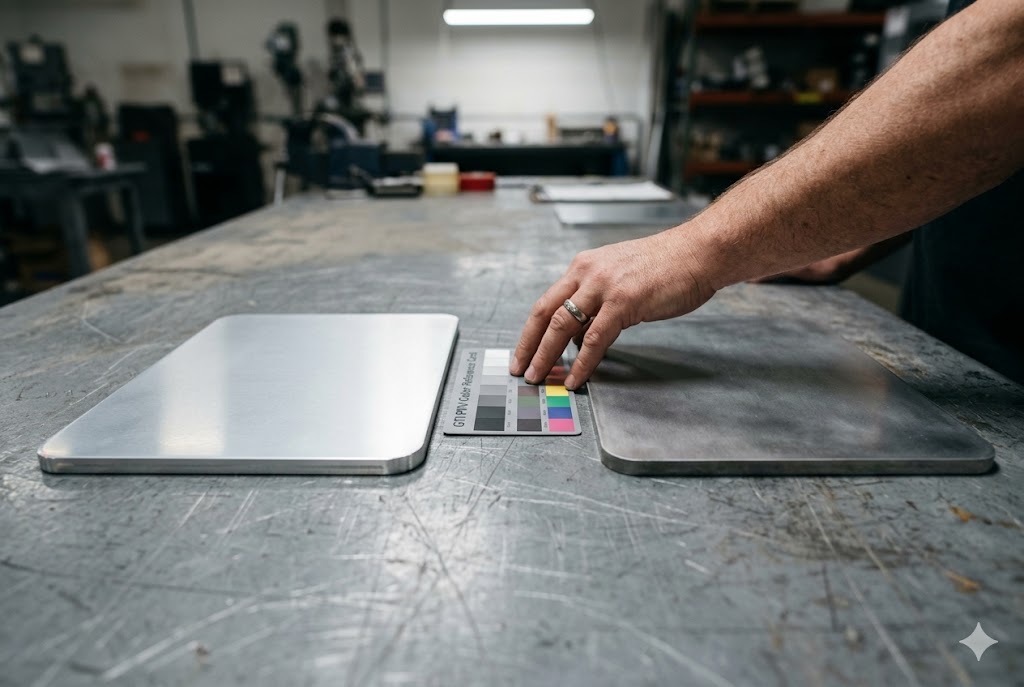 Custom Aluminum Parts Comparison Inspector comparing two custom machined aluminum panels using color reference card (ID#5)