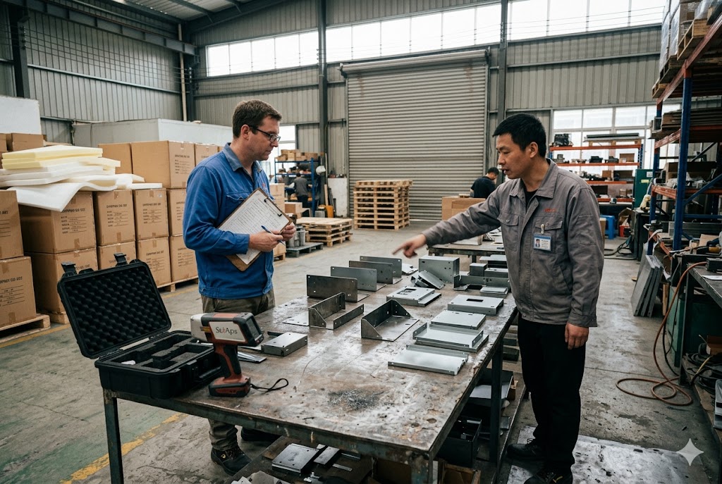 Factory Audit Quality Check Quality auditor and factory engineer inspecting custom sheet metal parts (ID#5)