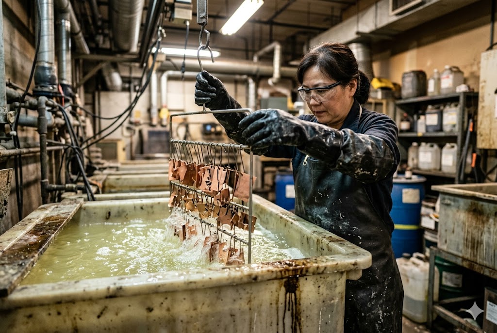 Surface Treatment Process Female technician lifting custom copper parts from chemical surface treatment bath (ID#5)
