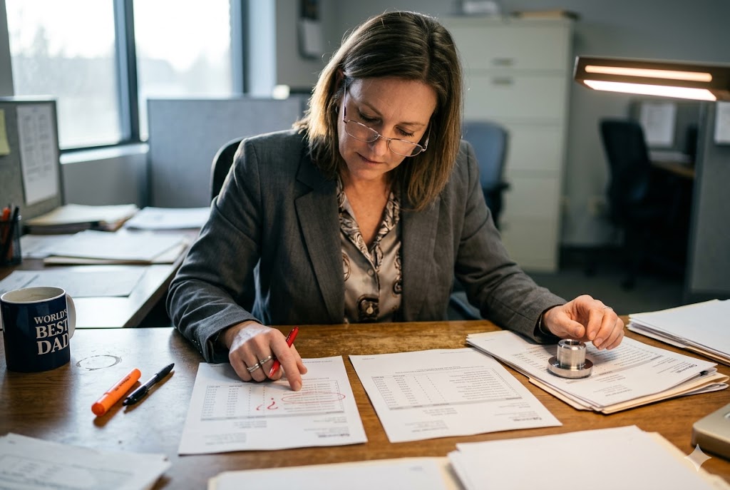 Parts Order Quality Review Purchasing manager reviewing quality inspection reports for custom mechanical parts orders (ID#5)