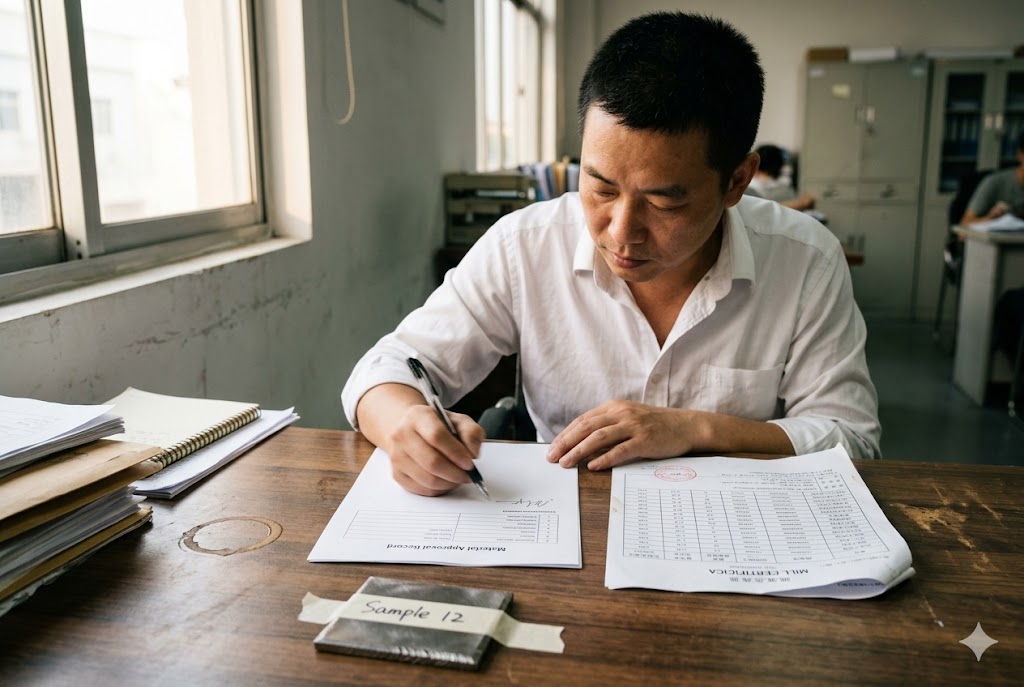 Material Approval Quality Control Chinese factory QC engineer signing material approval record for custom mechanical parts sample (ID#5)