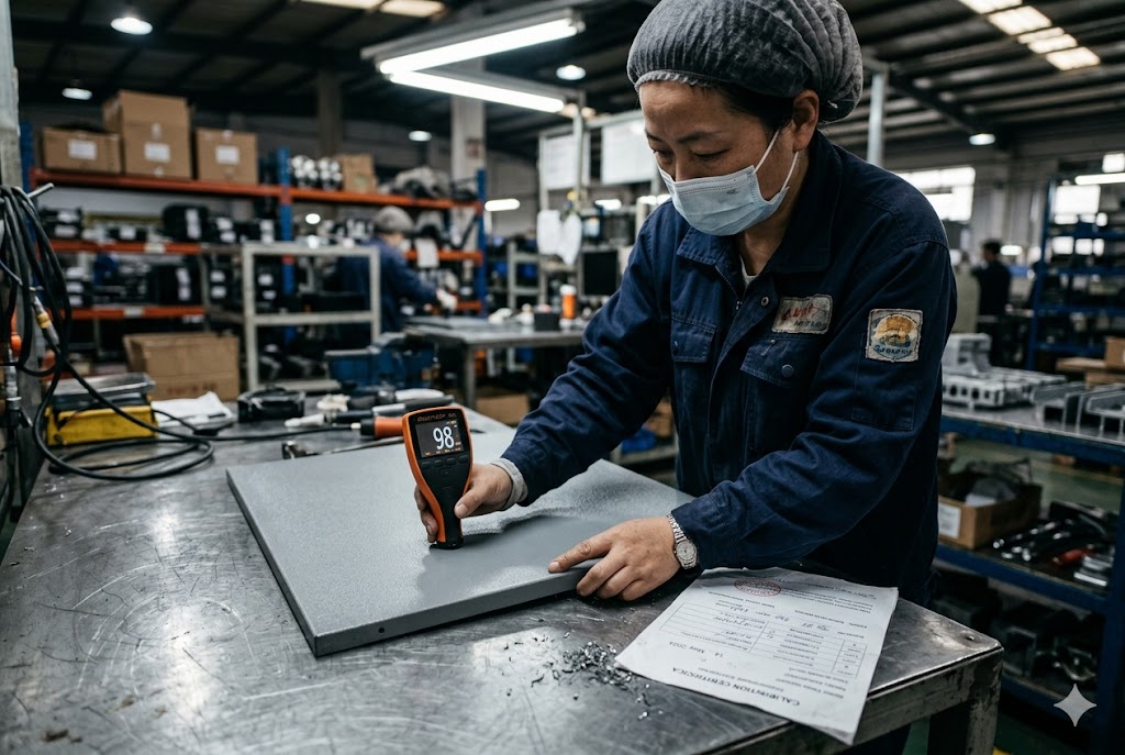 Coating Thickness Inspection QC technician measuring coating thickness of custom mechanical metal part with gauge (ID#5)