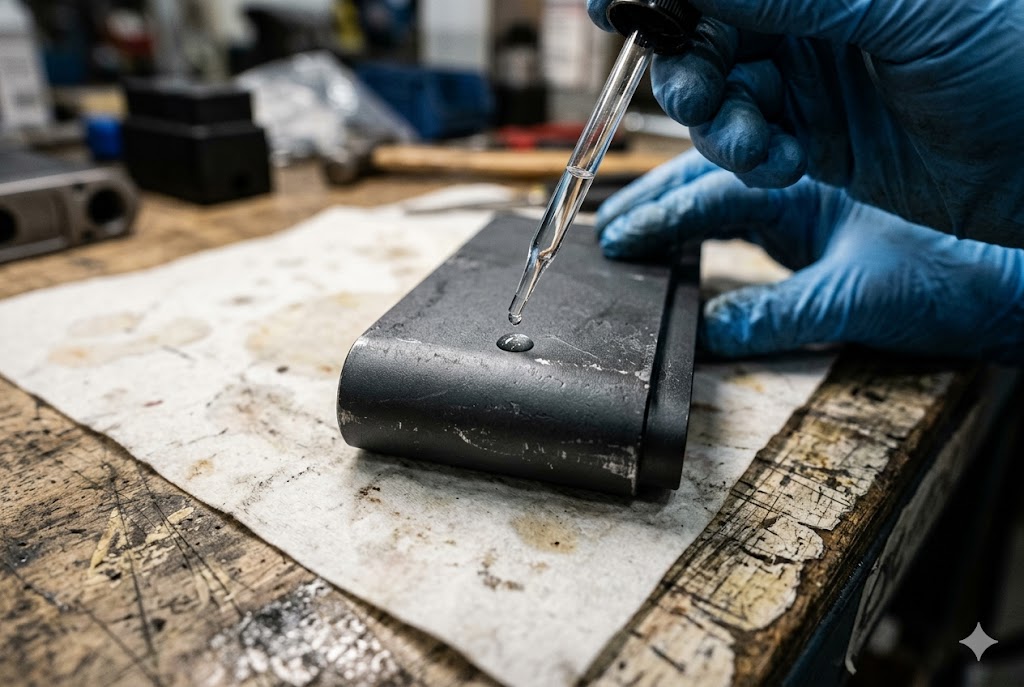 Anodized Part Quality Test Gloved technician applying drop test to anodized black custom metal part (ID#5)