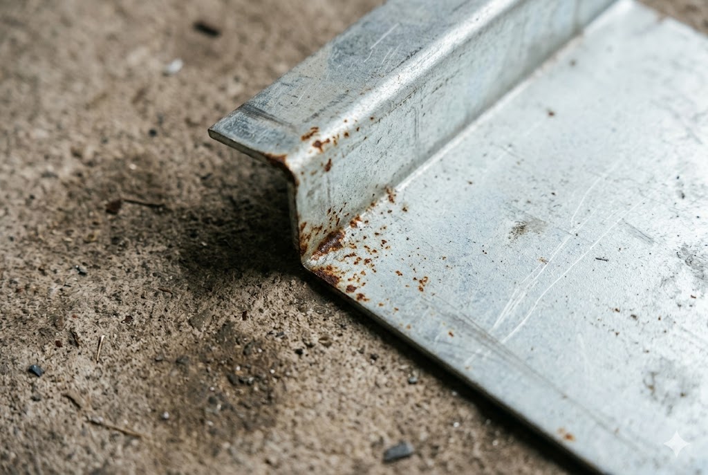 Steel Part Defect Close-up of galvanized steel angle bracket showing surface rust defect (ID#5)
