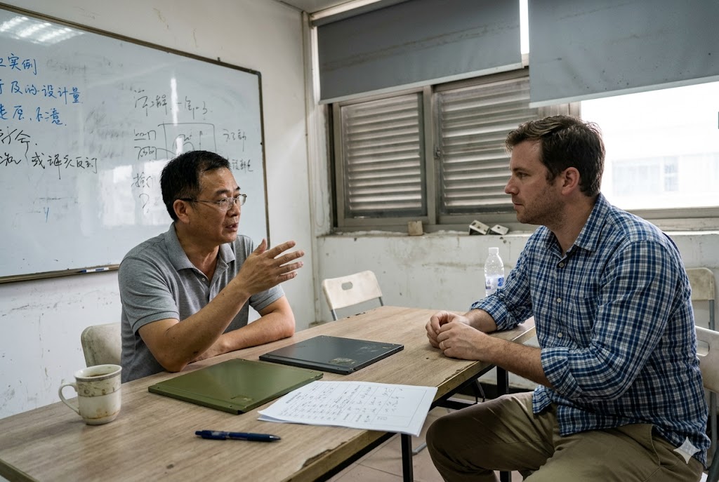 Supplier audit meeting Chinese supplier manager and Western buyer discussing custom mechanical parts project (ID#5)