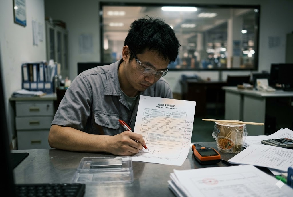Salt Spray Test Report Quality control engineer completing salt spray test report for custom metal parts (ID#5)