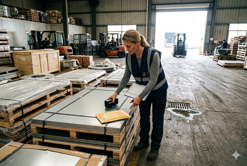 Warehouse Pre-Shipment Inspection Female inspector scanning metal sheet pallets in export warehouse with forklifts (ID#5)