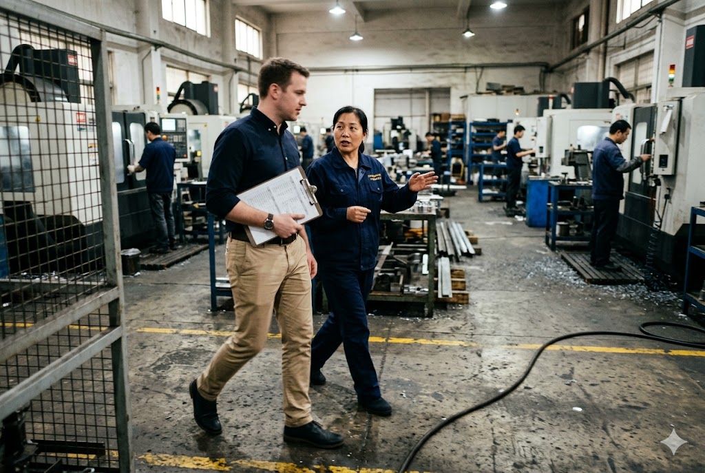 CNC Factory Audit Visit Factory audit: buyer and engineer inspecting CNC machining production floor (ID#5)