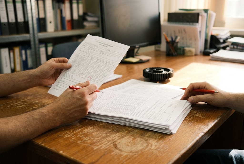 Parts Compliance Review Two professionals reviewing certificate of conformance for custom mechanical parts (ID#5)