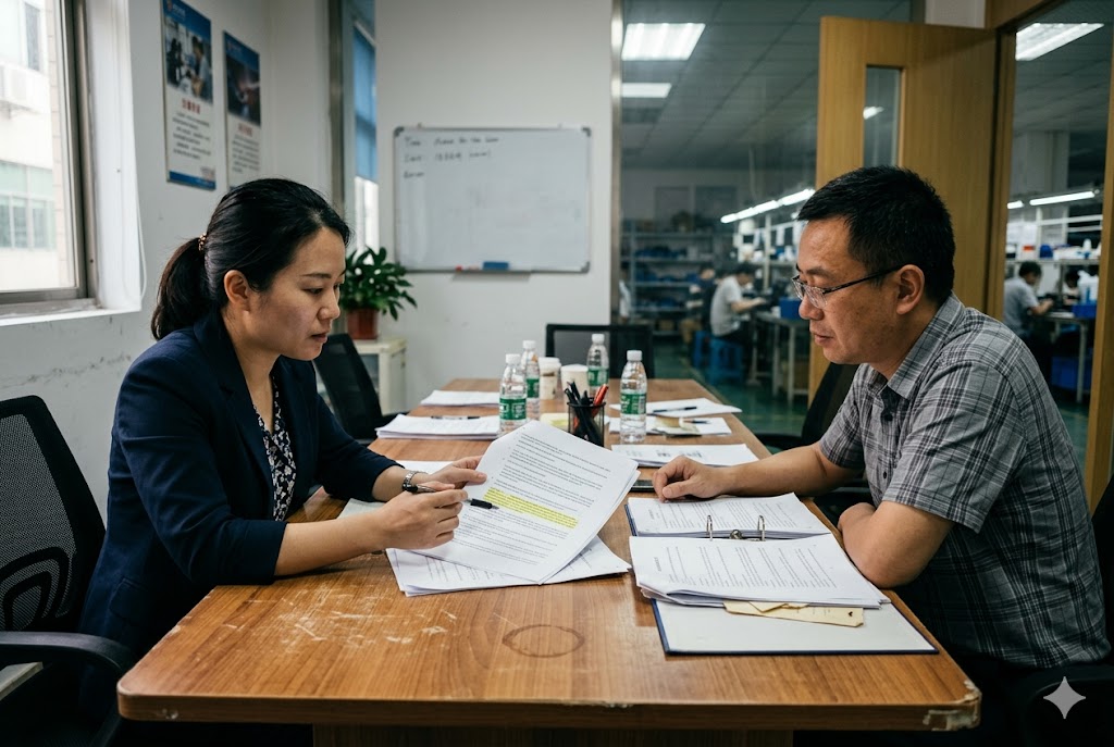 Supplier Factory Audit Supply chain manager conducting supplier factory audit with manufacturer representative (ID#5)
