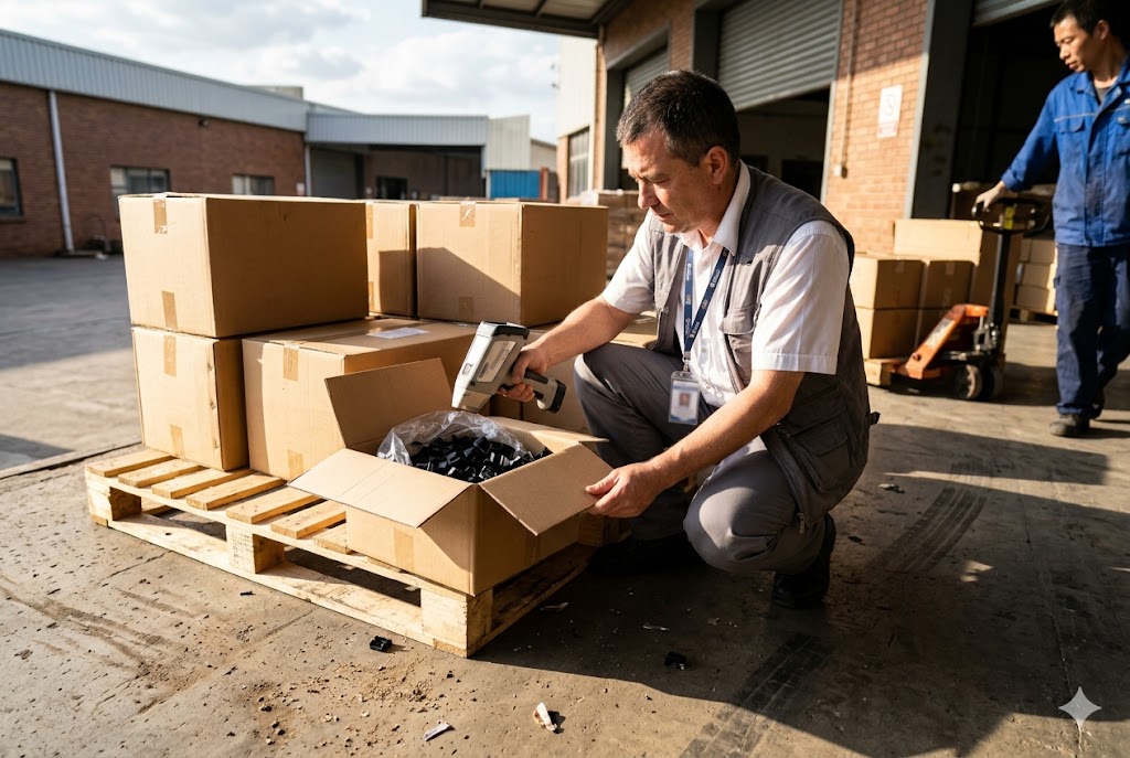 Pre-Shipment Parts Inspection Pre-shipment inspector scanning custom mechanical parts in export cartons on pallet (ID#5)