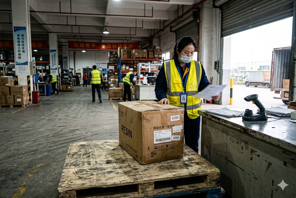 Export Shipment Management Logistics staff verifying export shipment documents at China fulfillment warehouse (ID#5)