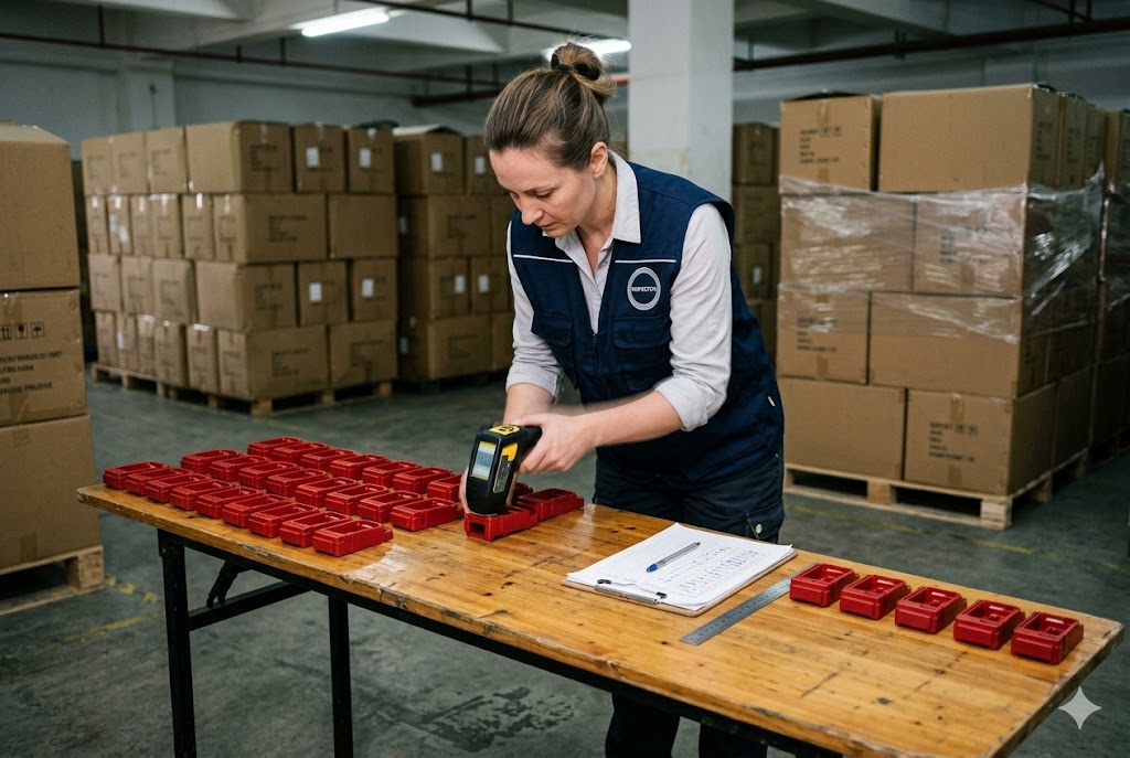 Pre-Shipment Parts Inspection Female inspector scanning custom molded parts pre-shipment in warehouse (ID#5)