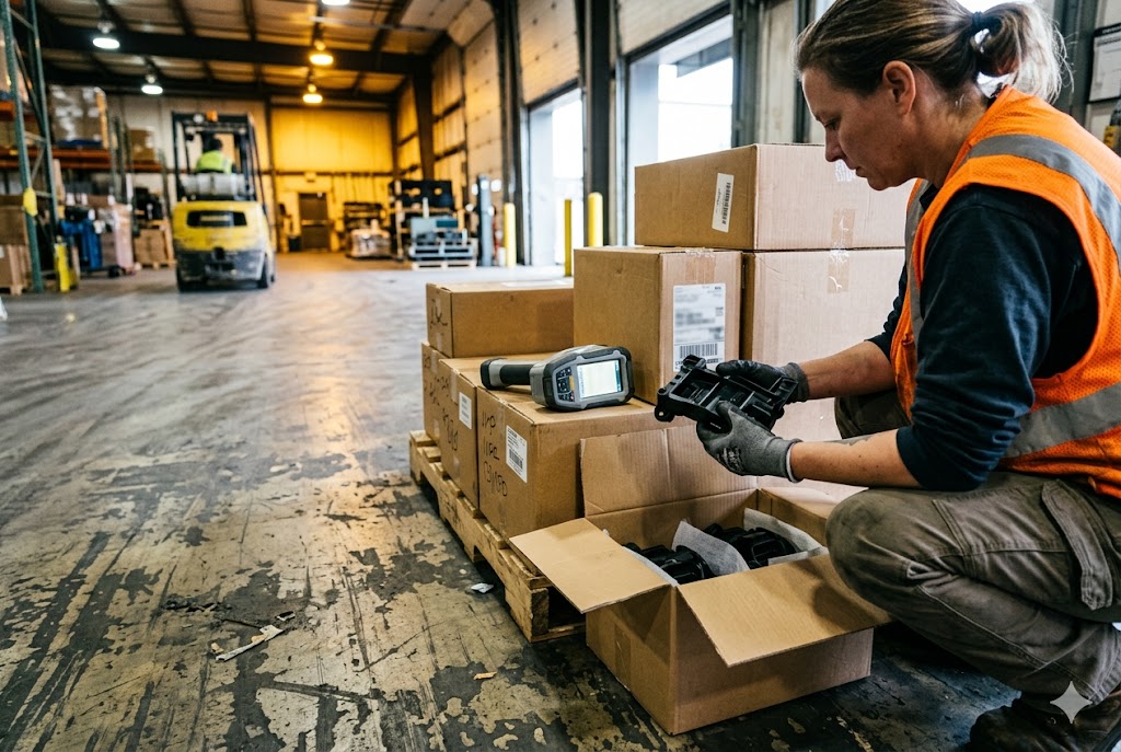 Pre-Shipment Parts Inspection Warehouse inspector examining custom mechanical parts during pre-shipment quality check (ID#5)