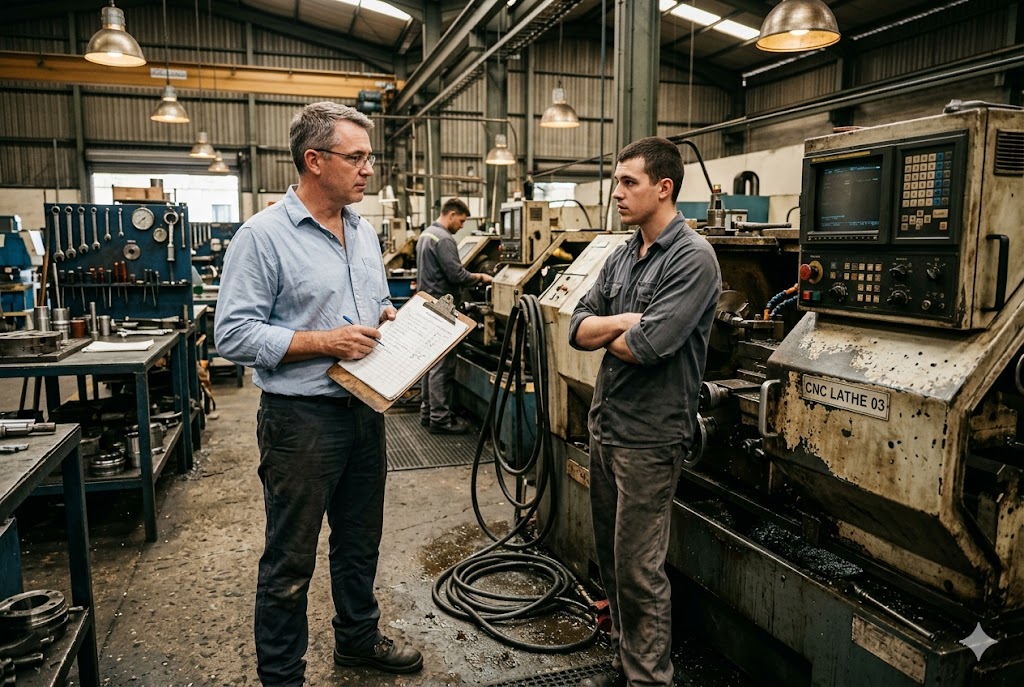 CNC Factory Floor Audit Factory manager reviewing CNC lathe production process with machinist on floor (ID#5)