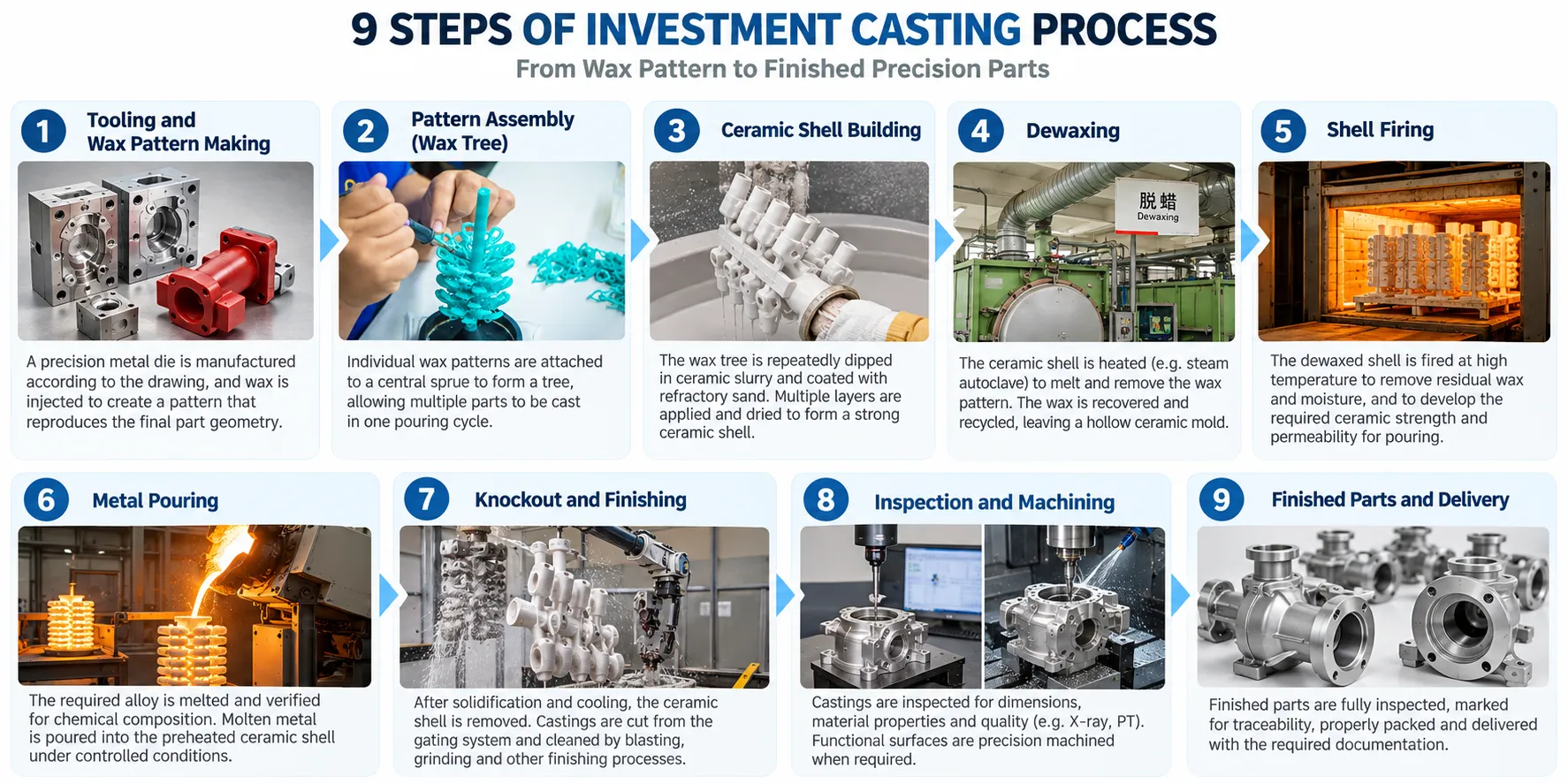 Nine-step investment casting process infographic from wax pattern to finished part (ID#1)