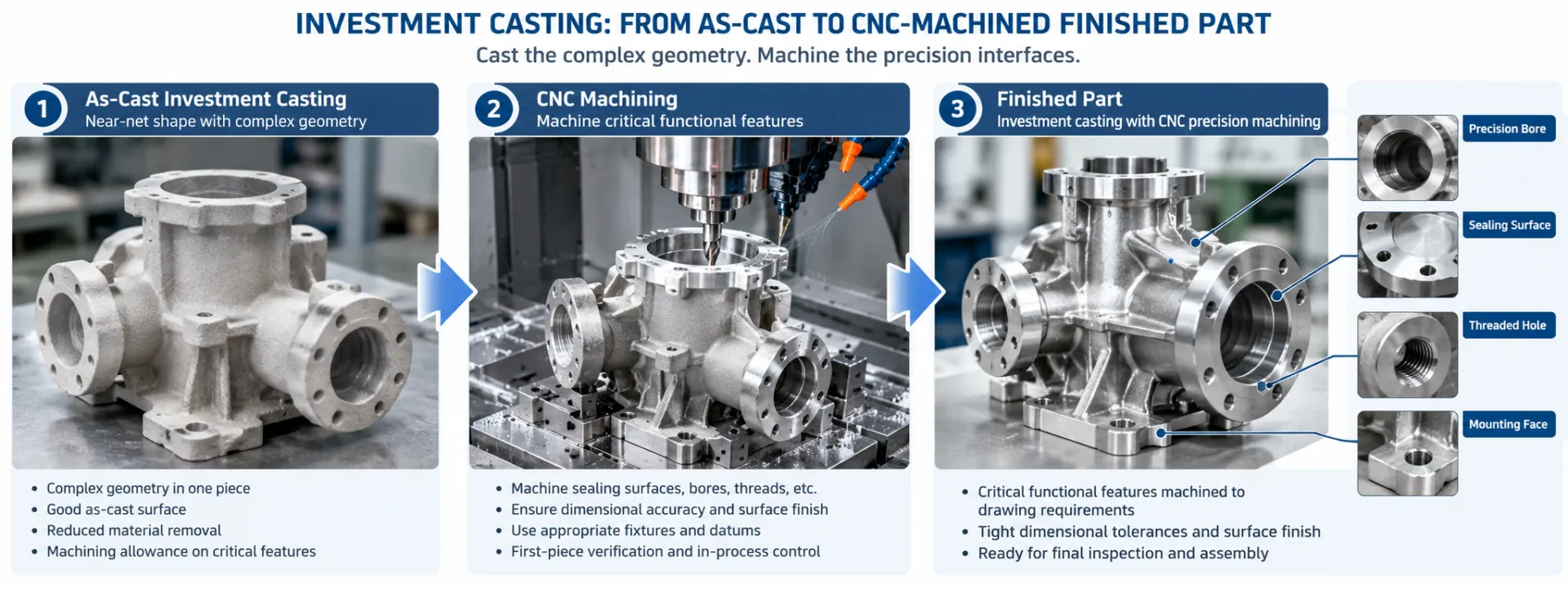 Casting to CNC Machining Investment casting part machined by CNC for precision bores and threads