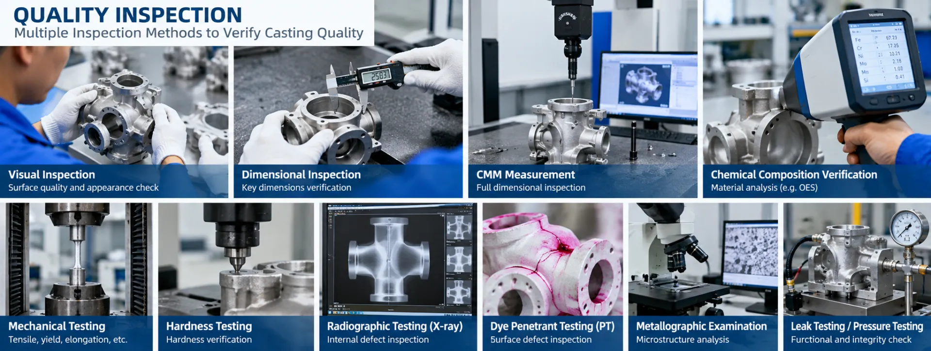 Investment Casting Quality Inspection Multiple inspection methods verifying dimensional accuracy and casting quality