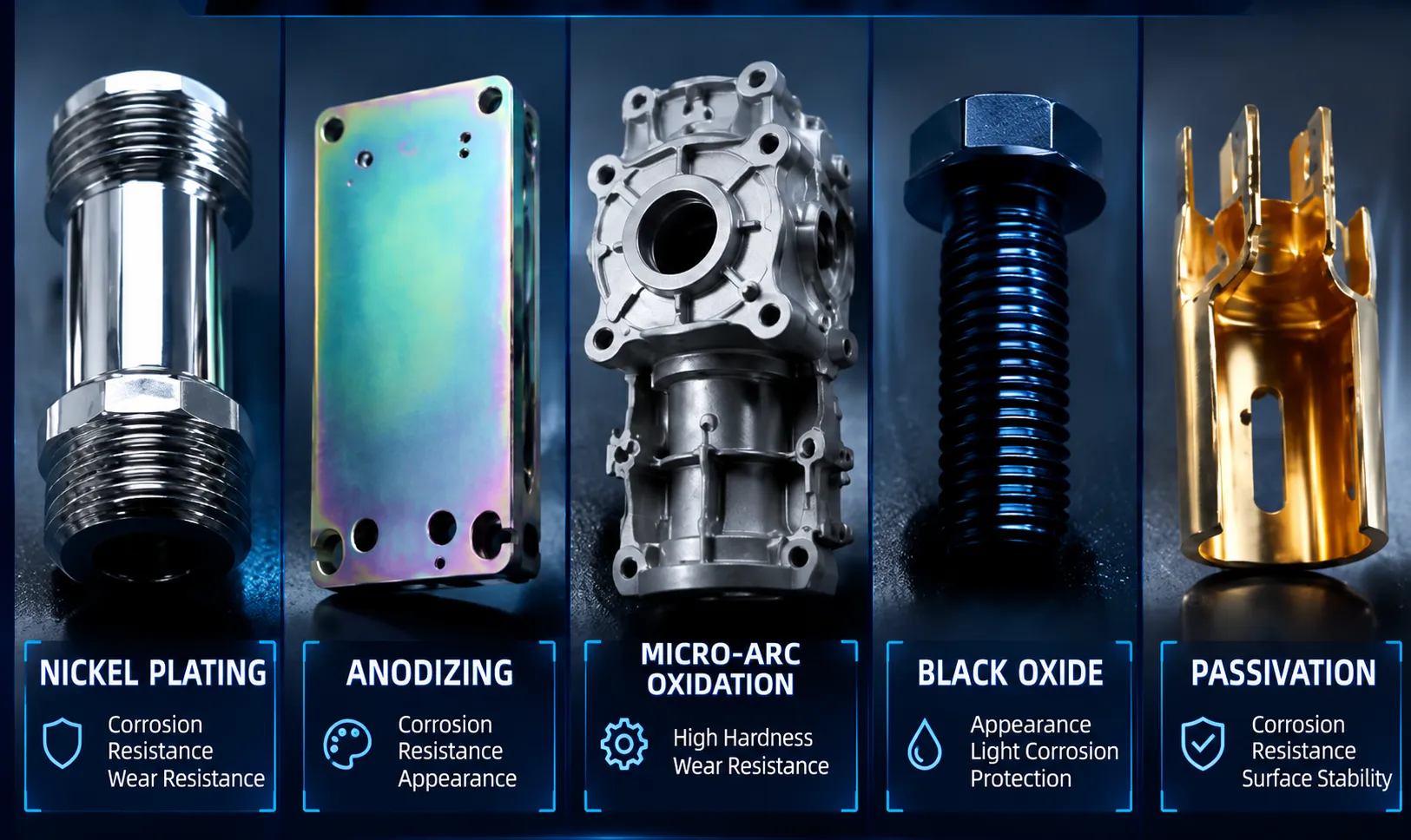 Common metal surface treatment processes including nickel plating, anodizing, micro-arc oxidation, black oxide and passivation