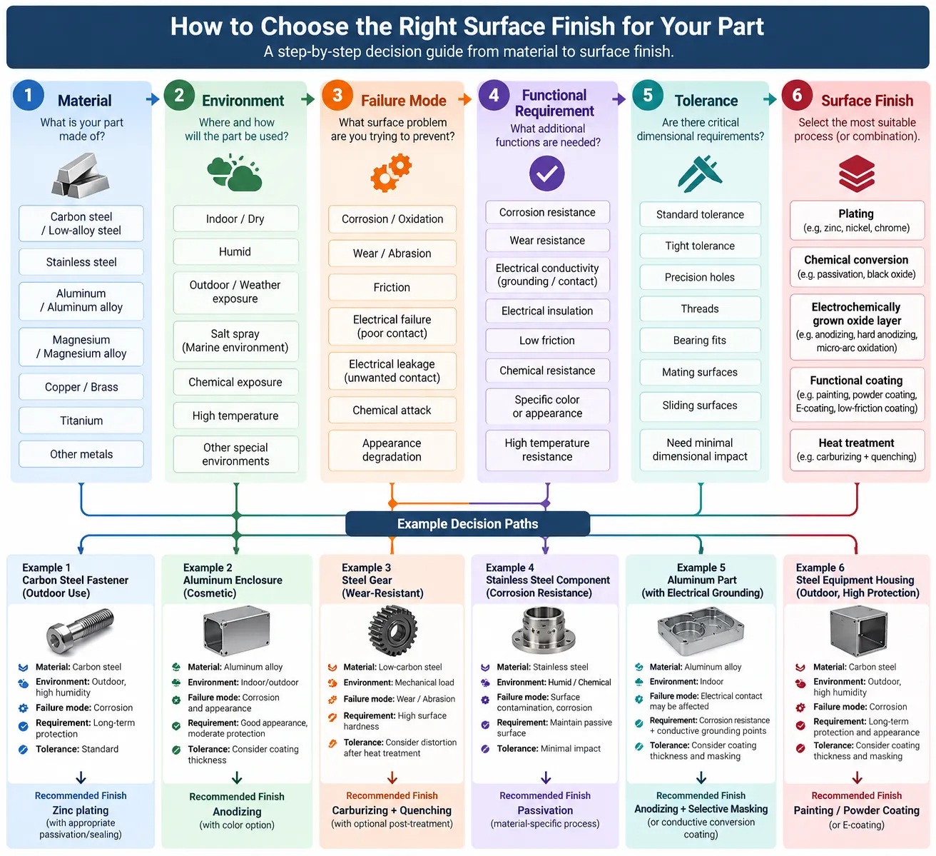 Engineering decision flow for choosing a metal surface finish based on material, environment, failure mode, functional requirements and tolerance