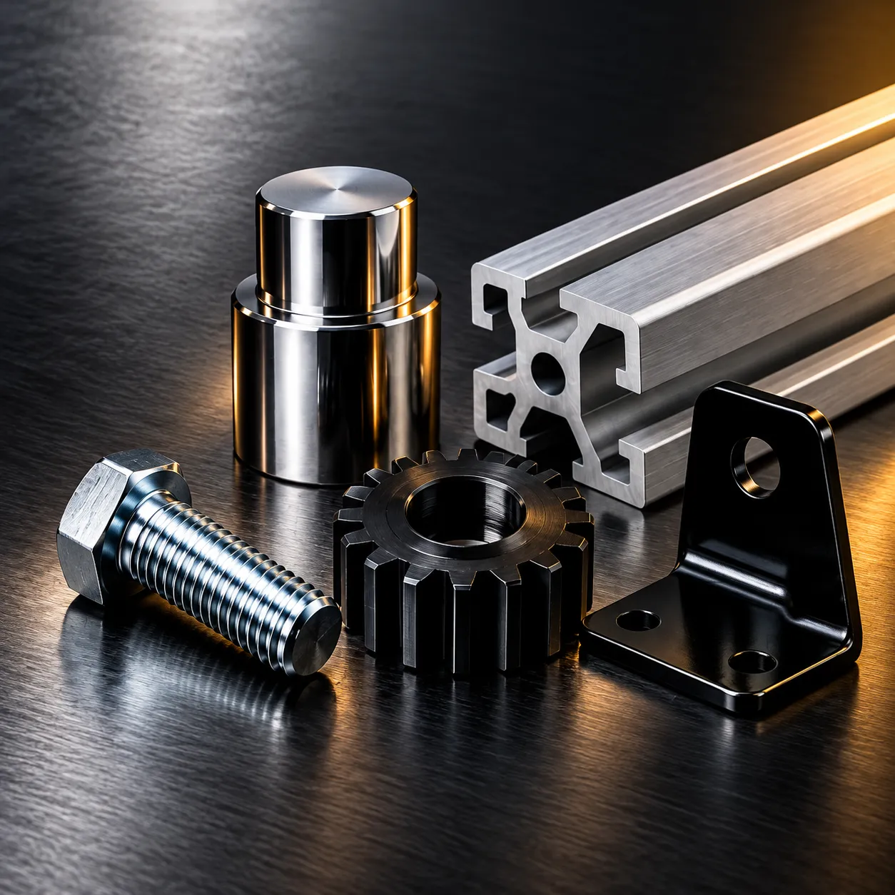 Precision metal components showing different protective and decorative surface finishes